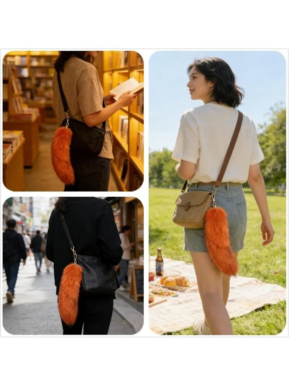 Women's Orange Fluffy Fox Tail Cosplay Keychain Birthday Party Costume Handbag